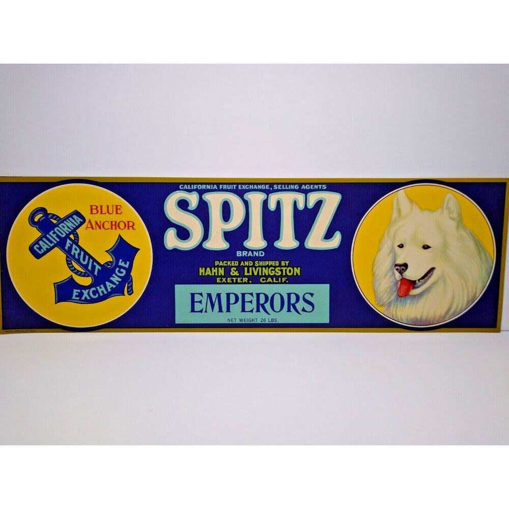 Spitz Dog Crate Label Blue Anchor California Fruit 1940s Vintage White Puppy